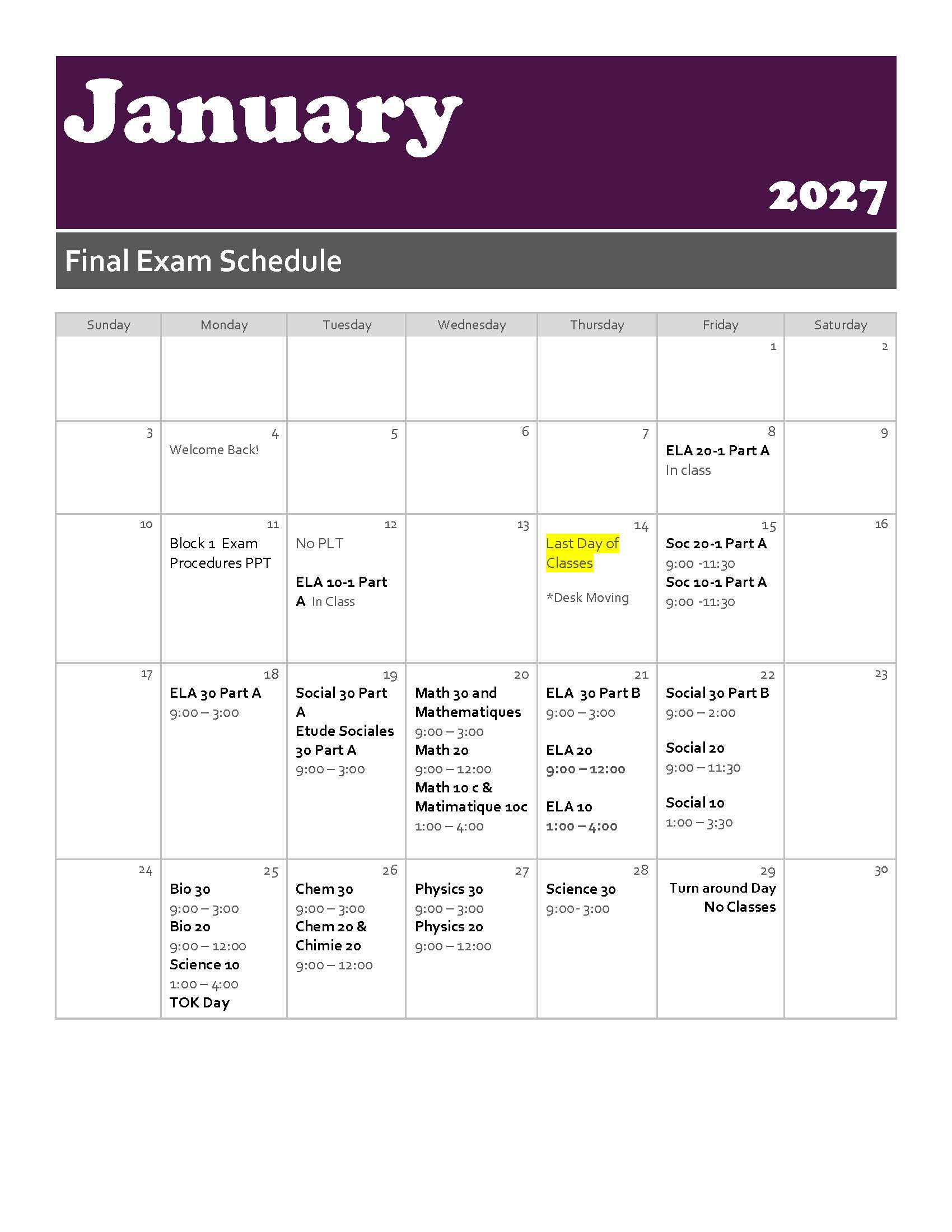 January Exams 2027