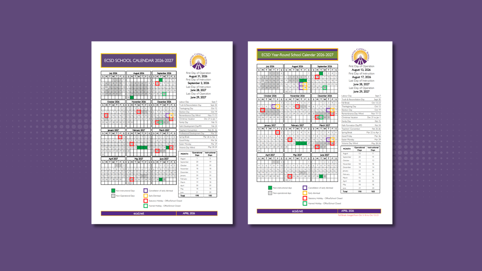2026 2027 traditional and year round calendars side by side